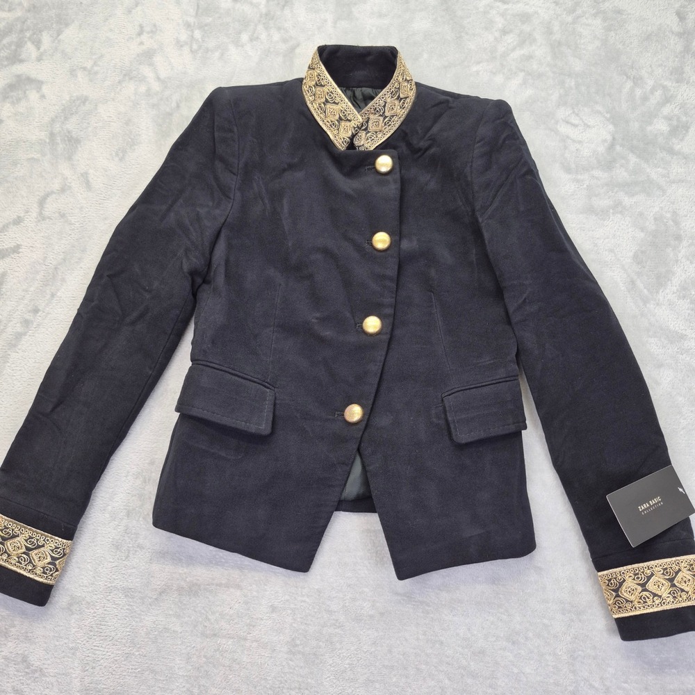 Zara Basic Military Blazer Black Gold Embroidered Mandarin Collar Jacket XS